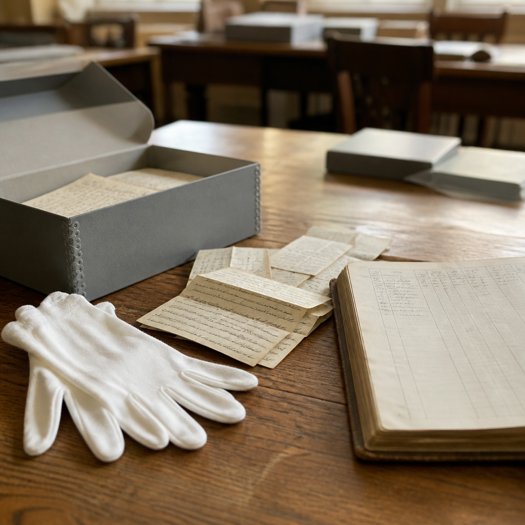 An archive reading room table with a grey document box open, several folded handwritten letters, a bound ledger of ruled columns and a pair of white cotton gloves beside them.