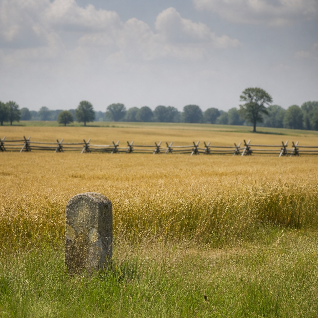 A quiet American Civil War battlefield in summer: a wide field of ripe wheat and grass under a hazy sky, a split rail fence along the far edge, and a low weathered stone marker standing alone in the foreground.