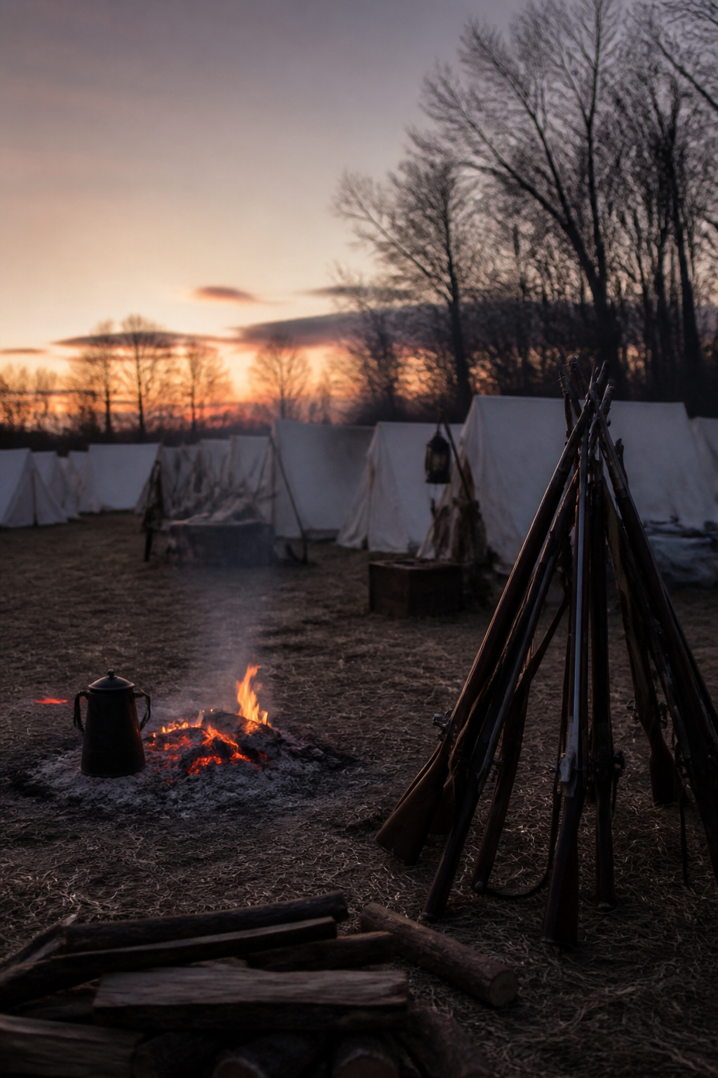 A Civil War camp at dusk: rows of white canvas tents behind a small fire, a coffee pot on the coals, a stacked pyramid of muskets in the foreground and bare trees against a fading sky.