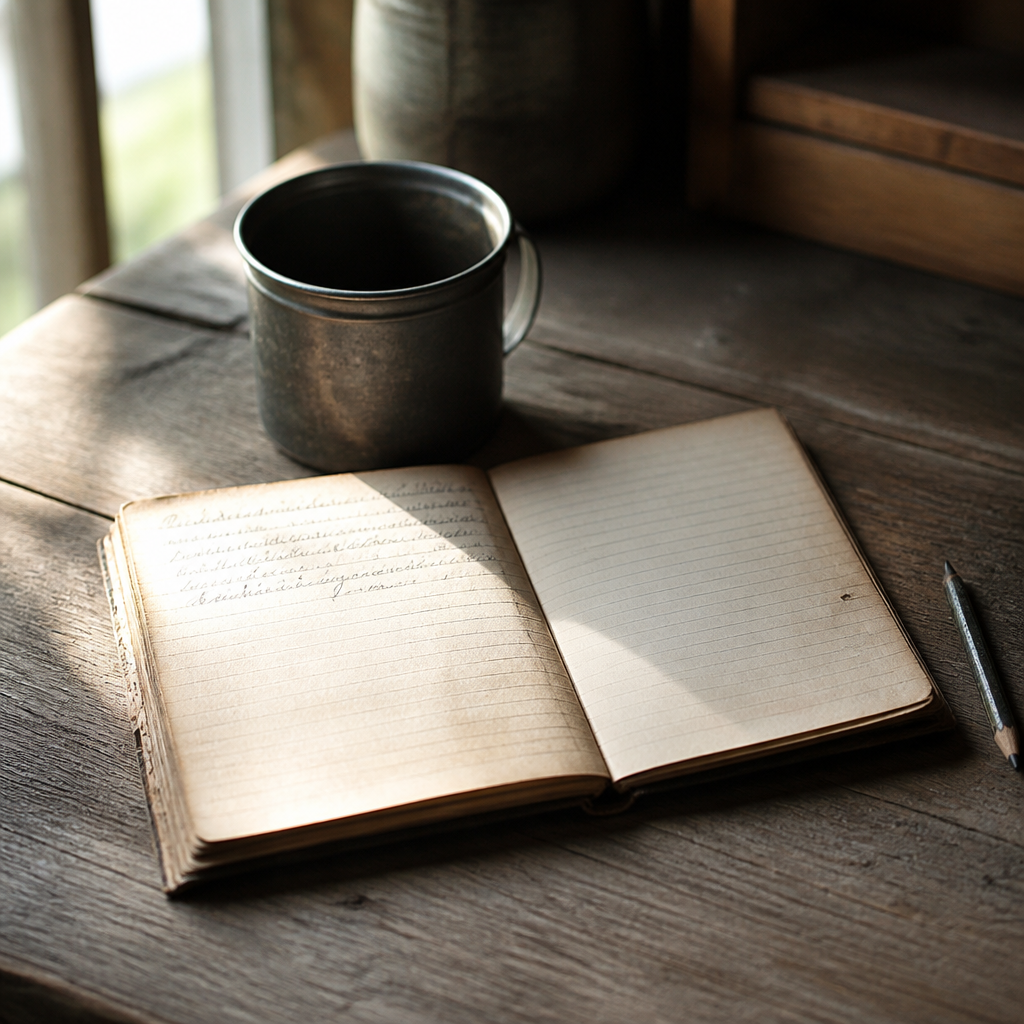 A worn notebook open on a plank table beside a tin cup and a stub of pencil, three short lines of handwriting visible on the left page, daylight falling from one side.