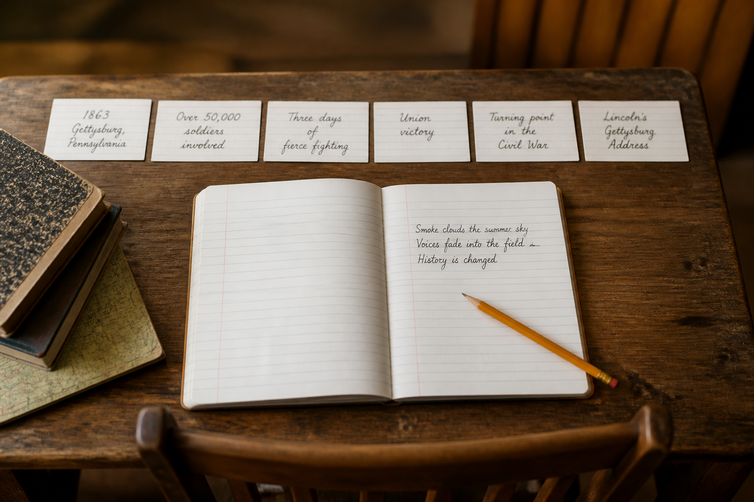 A school desk seen from above with index cards laid out in a row, each carrying one handwritten historical detail, a pencil, and an open exercise book showing a three line poem.