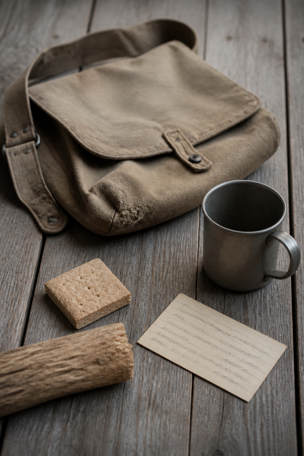 Objects named in the glossary laid out on grey weathered boards: a canvas haversack, a tin drinking cup, a square of hard biscuit, a short length of split wooden fence rail and a handwritten index card.