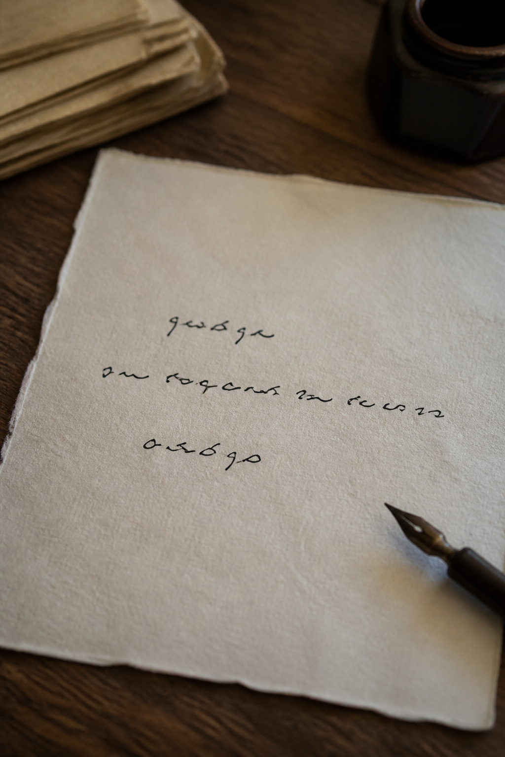 Close view of a sheet of laid paper with a three line poem written in ink, the second line noticeably longer than the first and third, and a pen resting at the edge of the sheet.