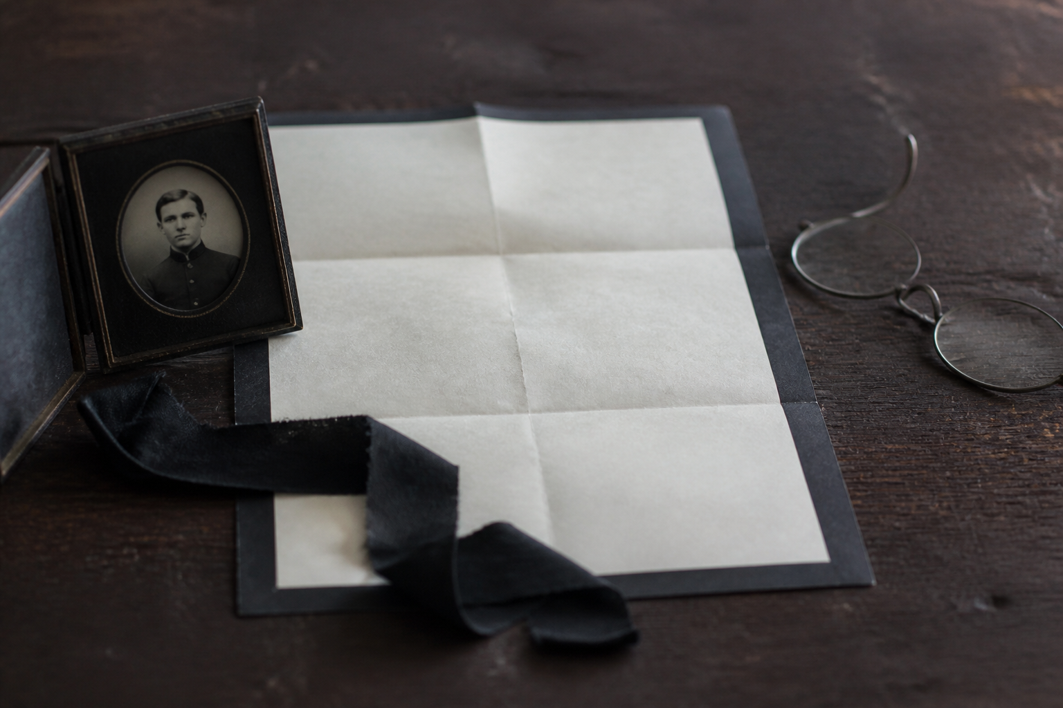 A black bordered letter unfolded on a dark wooden table beside a small cased photograph of a young man, a length of black crape ribbon and a pair of reading spectacles.