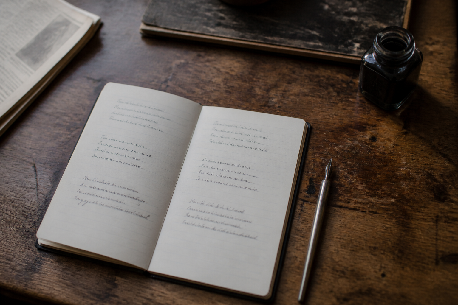 A writing desk from above with a small notebook showing several short poems of two to five lines, a steel nib pen, an inkwell and a folded period newspaper at the edge of the frame.